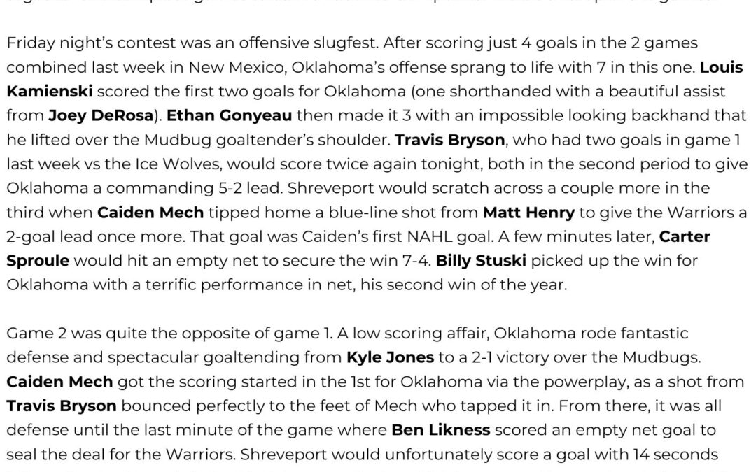 WARRIORS POUR IN NINE GOALS, PICK UP FIRST SWEEP OF SEASON VS SHREVEPORT